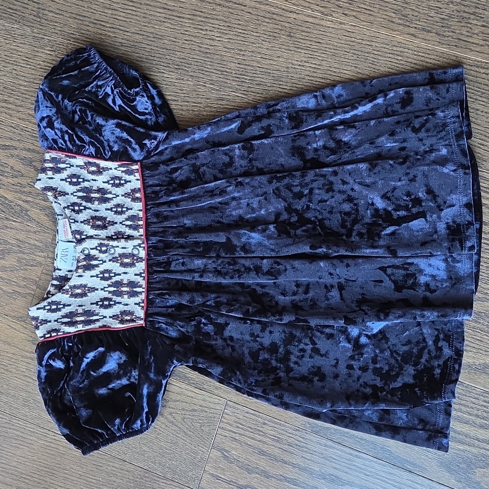 Zara Cream and Navy Worn Velvet Patterned Dress
